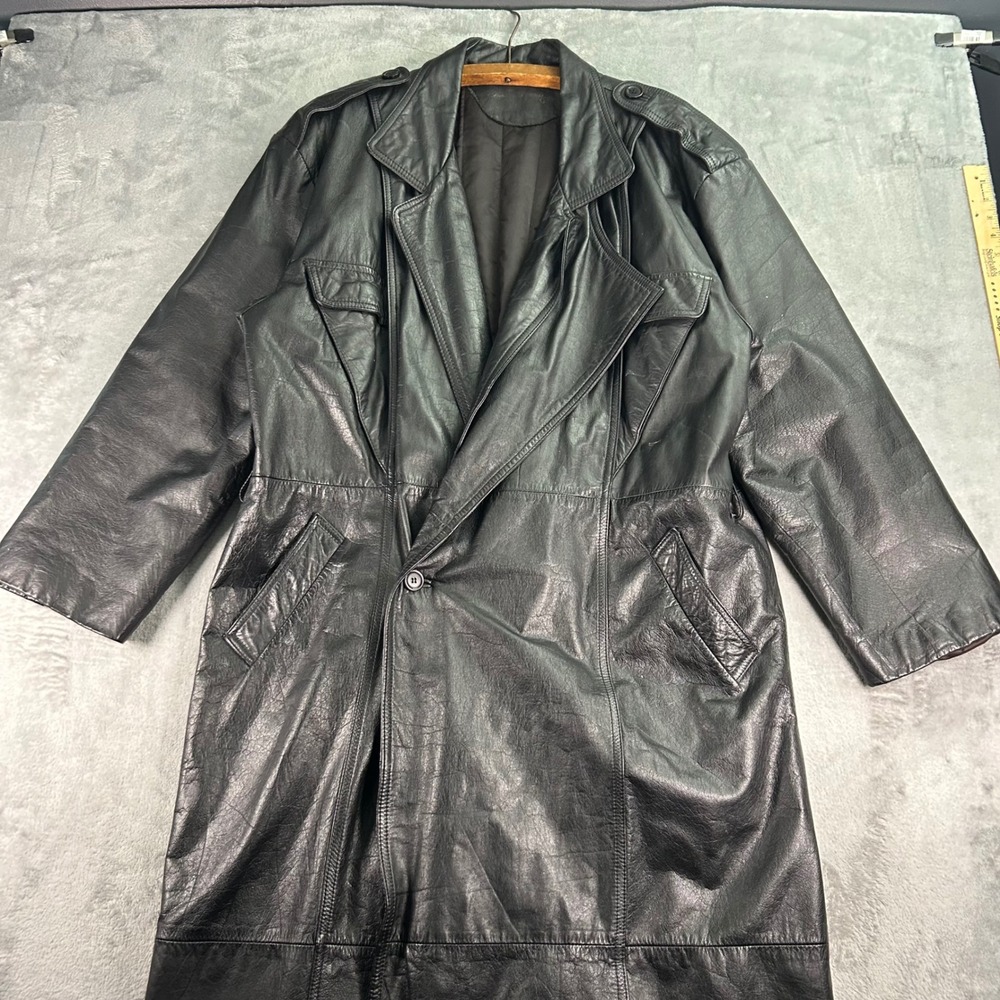 Vintage Black Leather Trench Coat Long Matrix Style Jacket RN 62633 Korea XL